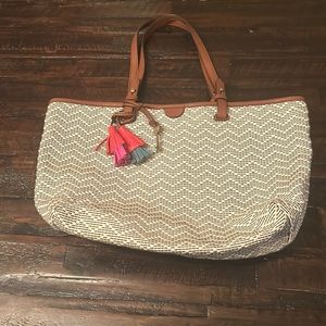 Fossil Canvas and Leather chevron print tote bag with tassels/key